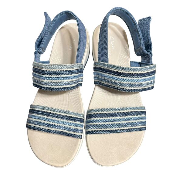 Clarks Cloudsteppers Sandals Womens Size 10 Blue White Striped Slingback Wedge - Picture 4 of 13